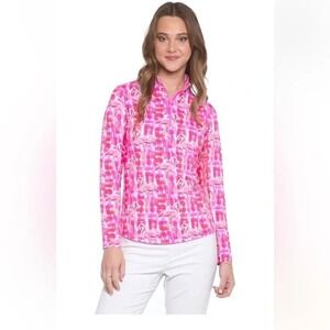 IBKUL Womens Flamingo Long Sleeve Mock Neck Golf Top UPF 50+ Size L Mesh